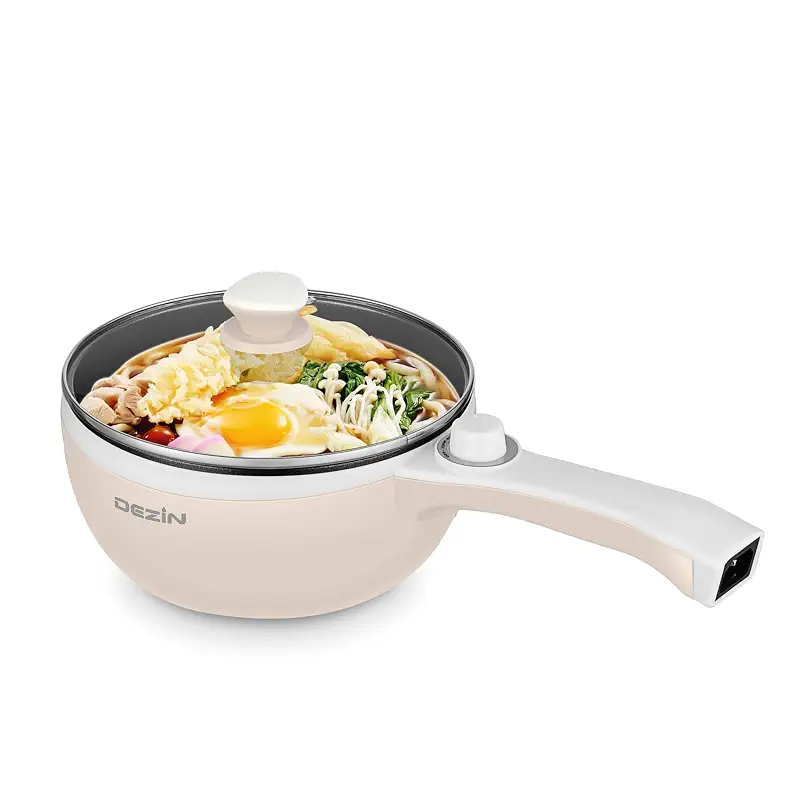 Dezin Electric Pot, 1.5L Non-Stick Portable Hot Pot Electric Upgraded, 700W | Dual Power, Electric Pot for Cooking Steak, Egg, Oatmeal, Mini Ramen Cooker for Dorm, Travel, Camping, RV, Office, Beige Pan