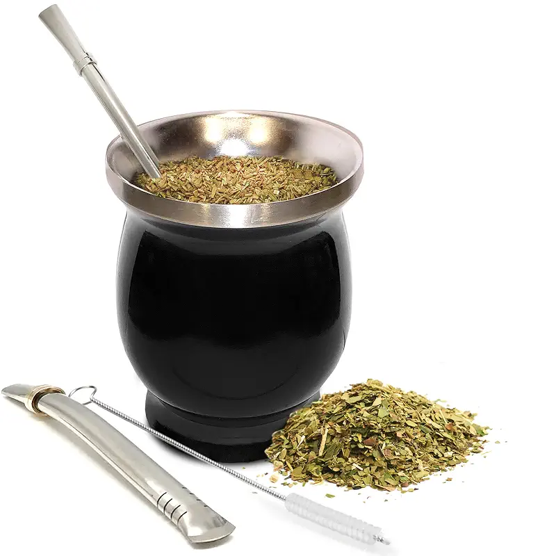 Norte Yerba Mate Cup, 8-Ounces Traditional Mate Tea Cup/Gourd Set, Black | Includes 2 Bombillas (Yerba Mate Straw) & Cleaning Brush, Stainless Steel Cup, Double-Walled, Easy to Clean
