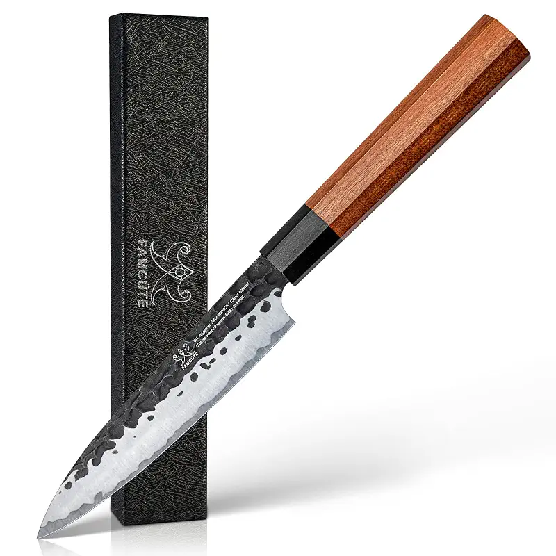 FAMCÜTE 5" Paring Knife, Hand-Forged Japanese Small Knife for Easy Control | Japanese 5-Layer 9CR18MOV High Carbon Steel Professional Petty Knife with Rosewood Handle, Unique Beautiful Gifts for Mom/Dad