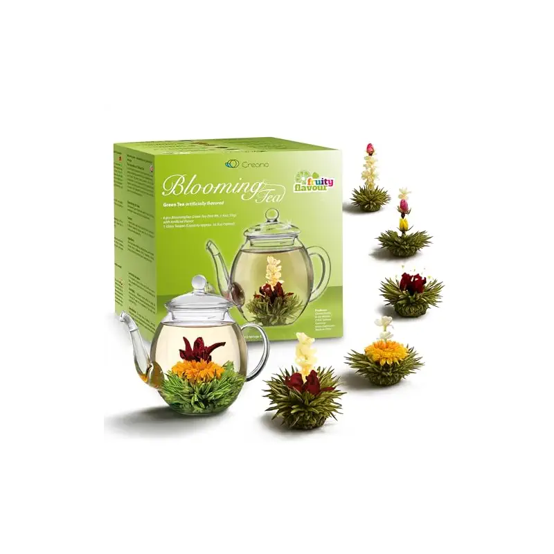 Creano Blooming Tea Gift Set with Glass Teapot 17oz (500ml) - Green Tea Fruity Flavoured Tea Flowers in 6 Varieties - Flowering Tea Gift for Easter