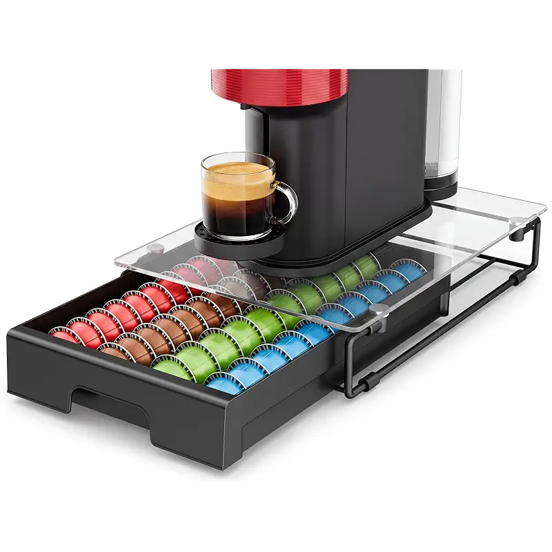 EVERIE Nespresso Vertuo Pod Holder Drawer, Coffee Pod Organizer with Universal Slots, Holds 40 Large or 52 Small Capsules, Tempered Glass Top Storage Drawer for Coffee Makers, 12" x 16.5" x 3.5"