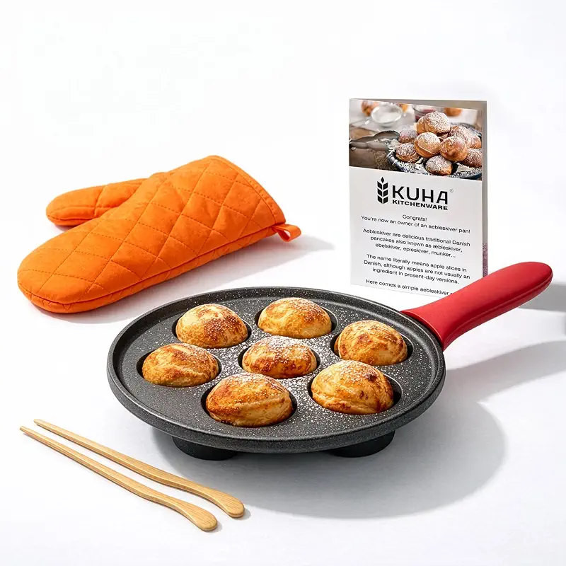 KUHA Cast Iron Aebleskiver Pan | Pre-Seasoned Danish Pancake Pan | 7.9” | Authentic Danish Pancakes | Poffertjes Takoyaki Appam & Paniyaram | Silicone Handle Oven Mitt & Bamboo Skewers Included Set