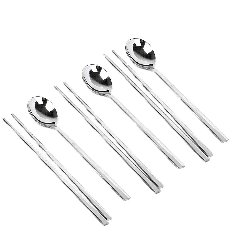 Polished Stainless Steel Spoons and Chopsticks Set, Korean Chopsticks and Spoons tableware with long-hand, Reusable, set of 3-silver