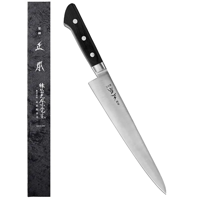 MASAMOTO AT Sujihiki Slicing Knife 10.6" (270mm) Made in JAPAN, Japanese Slicer Knife for Brisket, Meat, Sashimi, Sushi, Sharp Japanese Stainless Steel Blade, Full Tang Pakkawood Handle, Black