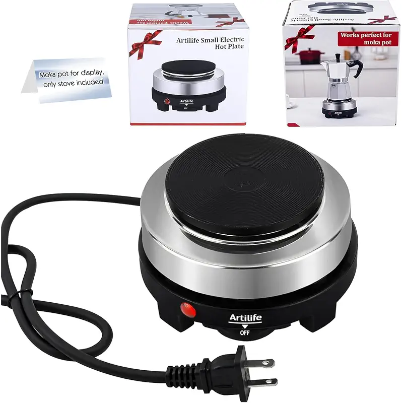 Artilife 500W Mini Electric Hot Plate - Moka Pot Special, 110V Compact RV Camping Stove, 4" Cast Iron Burner for Coffee, Low Wattage Portable (Silver)