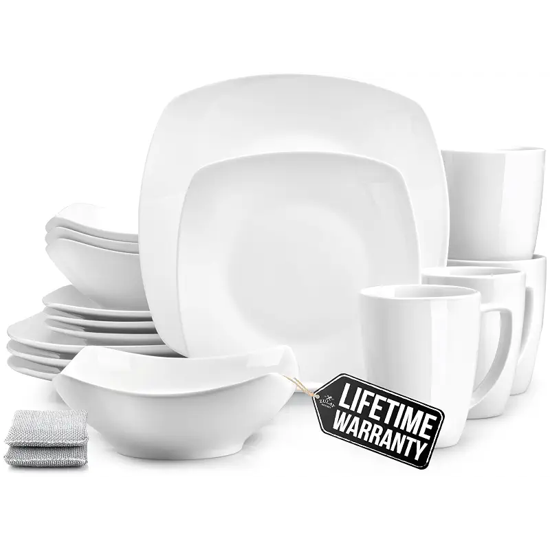 Zulay Kitchen Luna Plates and Bowls Sets, 16 Piece Modern Porcelain Dish Set for 4, Chip and Scratch Resistant Square Dinnerware Set, Microwave and Dishwasher Safe, Pearl White