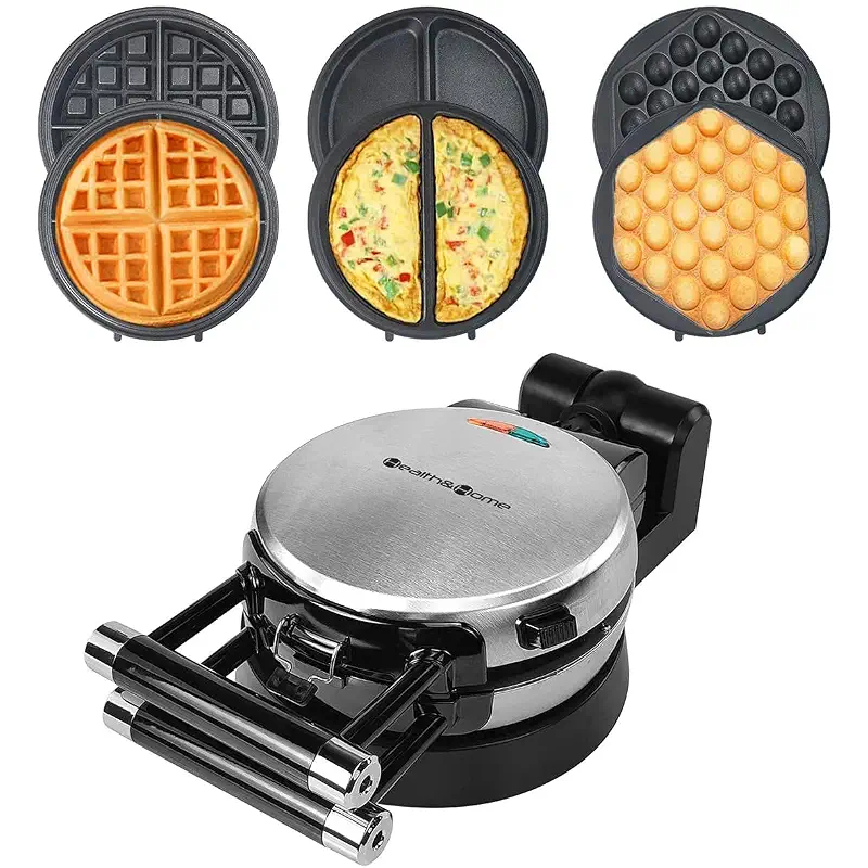 Health and Home 3-in-1 Waffle, Omelet, Egg Waffle Maker, 3 Removable Nonstick Baking Plates, Upgraded 360 Rotating Belgian Maker