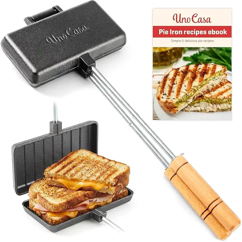 Uno Casa - Pie Irons Cast Iron Sandwich Maker - Mountain Japanese Sandwich Maker with Recipe Book - Durable Campfire Cooking Equipment for Toasted Pies, and More (1, Double Pie Iron - XL)
