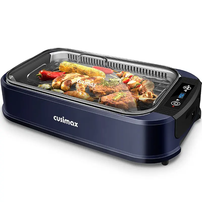 Indoor Grill CUSIMAX Electric Smokeless Grill Portable Korean BBQ, Blue | with Turbo Smoke Extractor Technology, Adjustable Temperature, Non-stick Removable Plate, Tempered Glass Lid, Great for Party