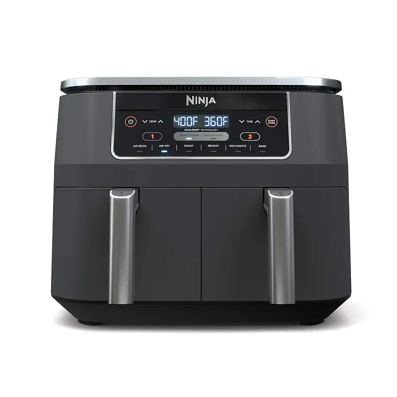Ninja DZ201 Foodi 8 Quart 6-in-1 DualZone 2-Basket Air Fryer with 2 Independent Frying Baskets, Match Cook & Smart Finish to Roast, Broil, Dehydrate & More for Quick, Easy Meals, Grey | Air fry, roast, broil, bake, reheat, dehydrate, 2 independent baskets, Smart Finish, Match Cook