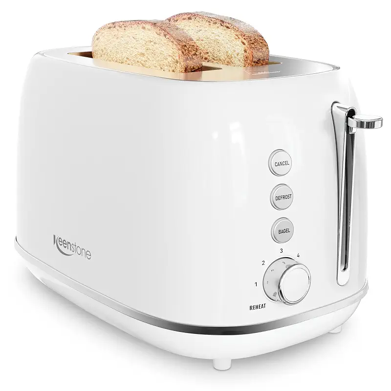 Keenstone 2 Slice Toaster, Retro Stainless Steel Kitchen Essentials, White | Retro Kitchen Decor, 18/8 Food-Grade Steel, 1.5” Slots & 6 Browning Levels, Bagel/ Defrost/ Reheat, Removable Crumb Tray