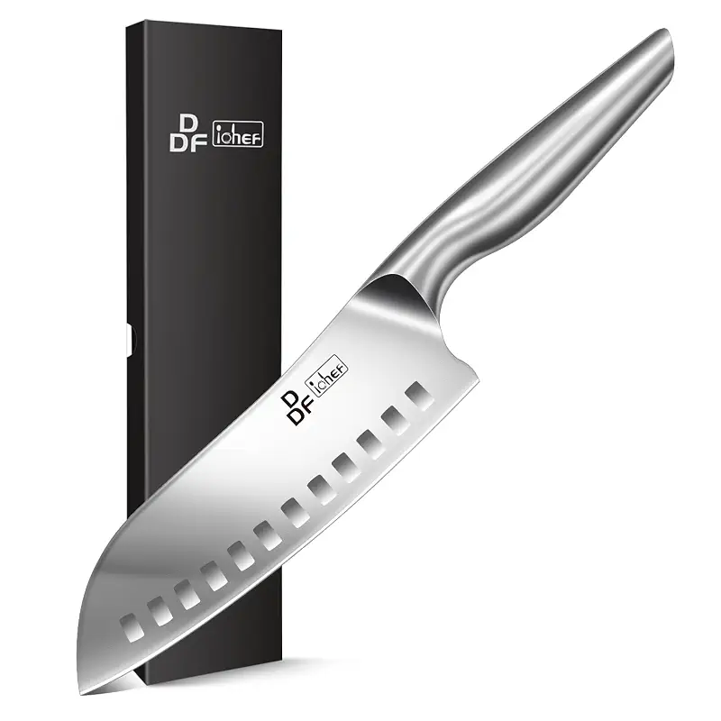 Chef Knife 7 Inch, High-Carbon Stainless Steel Santoku, Dishwasher Safe | Japanese Kitchen Knife with Ergonomic Hollow Handle, Ultra Sharp Santoku Knife for Chopping, Silver
