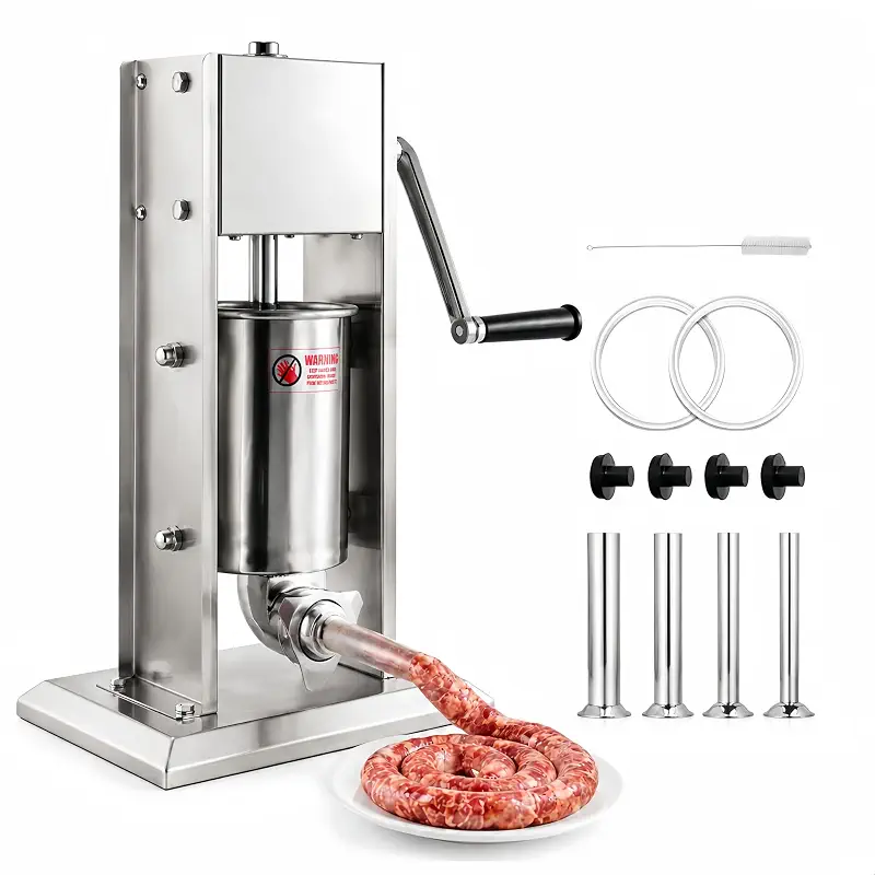 CLIVIA 7LBS/3L Stainless Steel Manual Sausage Stuffer, 2-Speed Vertical Meat Maker with 4 Tubes, Professional Sausage Filler Kit for Home & Commercial Use