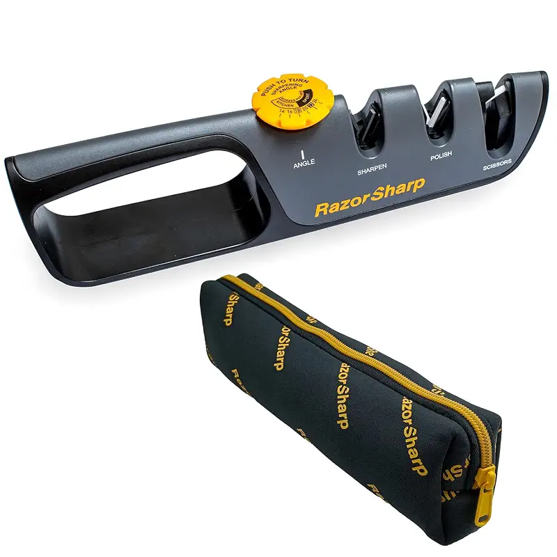 RazorSharp™ Knife & Scissor Sharpener | Adjustable 14-24 Degree Angle Guide | Diamond-Coated Ceramic Whetstones, Works for Kitchen Knives & Professional Chefs, Sturdy Grip & Non-Slip Rubber for Safety