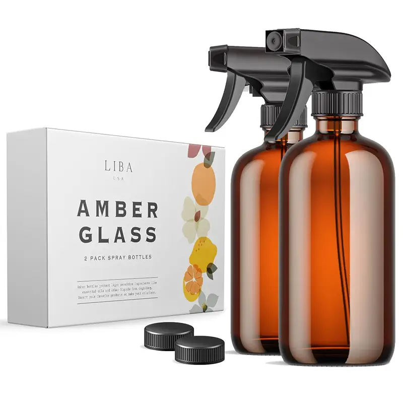 LiBa Amber Glass Spray Bottles 2 Pack 16oz Refillable Adjustable Nozzle | Amber glass blocks UV, safe for essential oils, bleach, vinegar, mist or stream