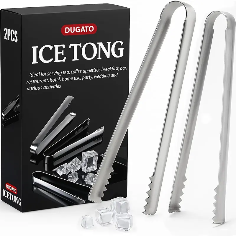 DUGATO Cocktail Ice Tongs 6.3 in, Stainless Steel with Grip Teeth, 2-Pack | Compact Handheld Size, Food-grade Serving Tool for Ice Buckets & Drink Stations, Olives & Garnishes