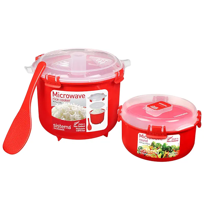 Sistema Heat & Eat Microwaveable Rice Cooker & Food Container Set with Steam Release Vents, Microwave Rice Cooker & Round Food Storage Container, Dishwasher & Freezer-Safe, BPA-Free