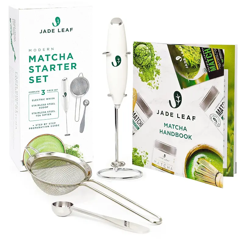 Jade Leaf Modern Matcha Whisk Set | Matcha Set Includes: 1 Electric Matcha Whisk / Milk Frother, 1 Steel Measuring Spoon, & 1 Matcha Sifter, plus Guide Book