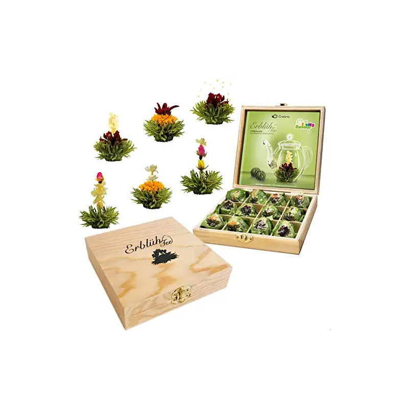 Creano Flowering Abloom Tea - Blooming Gift Set in Stylish Wooden Box, 12pcs
