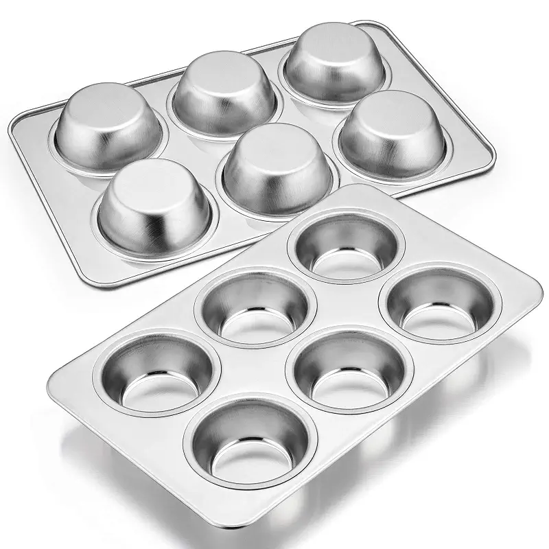 E-far Stainless Steel Muffin Pan Set of 2, 6-Cup Cupcake Tin for Baking | Metal Muffin Tray, Non-toxic & Healthy, Oven & Dishwasher Safe, Regular Size - 11.44 x 7.12 x 1.25 Inch