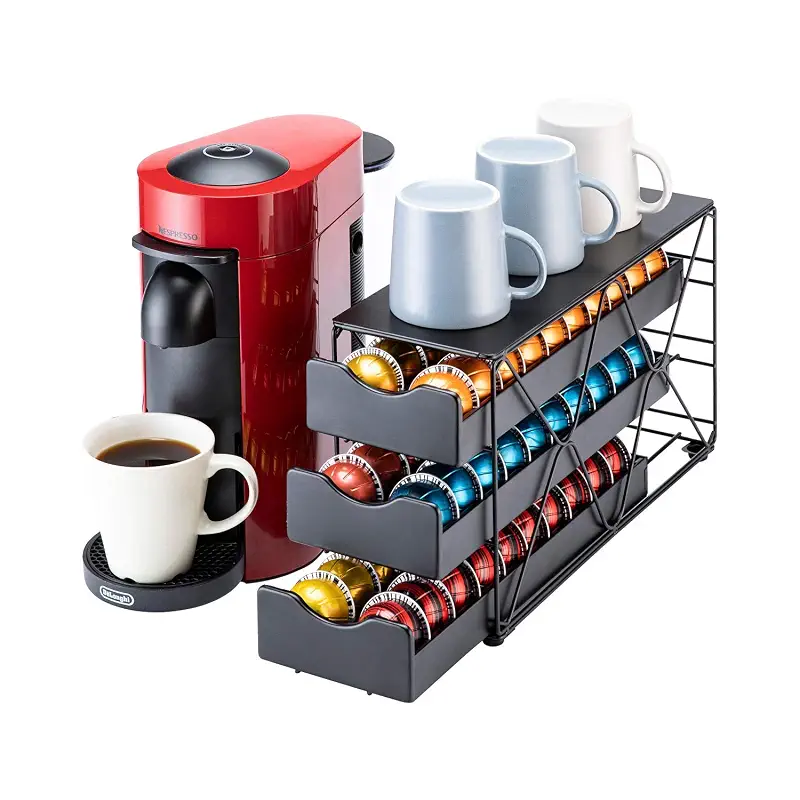 FlagShip Nespresso Vertuo Pod Holder 60 Large Pods Capacity 3 Tier | Vertical Design Saves Counter Space Black Sturdy Metal Frame No Assembly For Coffee Bar Kitchen Including Flavor Labels