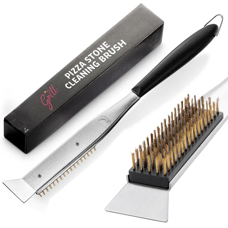 Hans Grill 2-in-1 Pizza Oven Brush & Scraper | Dual-Purpose Pizza Stone Brush Scraper with Stainless Steel Head | Outdoor Oven Cleaning Accessories, Stone Cleaner, Essential Cooking Tools. | Dual Purpose Pizza Stone Cleaning Brush and Scraper, Brass Bristles, Heat Resistant, Pizza Stone Cleaning Tool