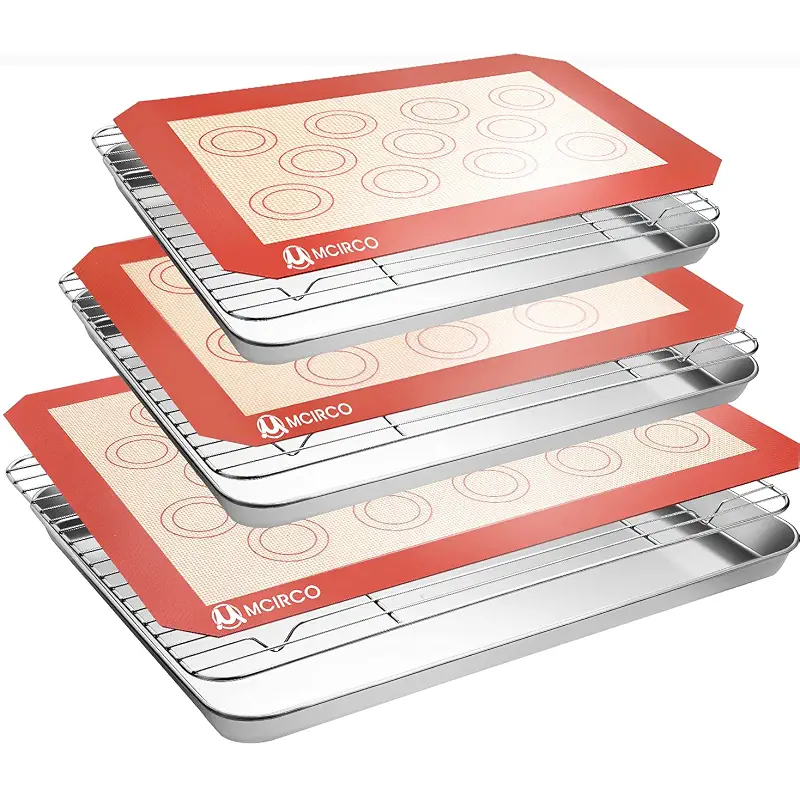 M MCIRCO Baking Sheet with Cooling Rack, Baking Mat Set, Set of 9 | Stainless Steel Cookie Pan with Cooling Rack, 3 Sheets + 3 Racks + 3 Mats, 10/12/16 Inch, Baking Pan, Easy Clean