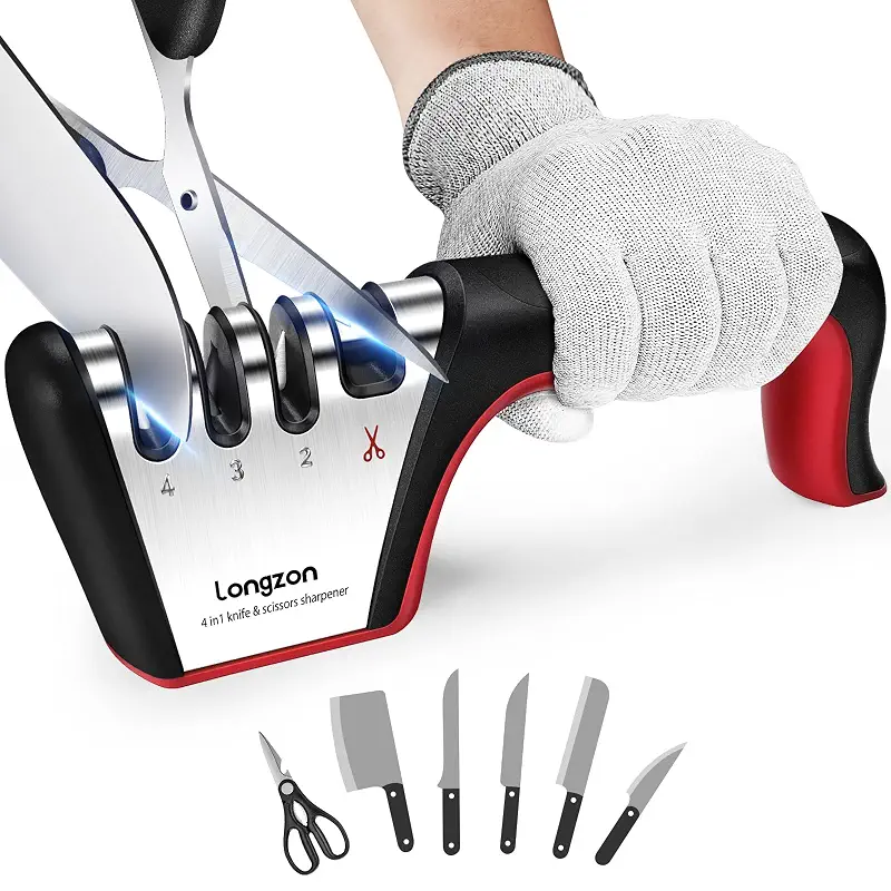 Longzon 5-in-1 Knife Sharpener 4 Stage with Cut-Resistant Glove, Black+Red | Fits Scissors and Most Knives, Quickly Sharpens & Restores Dull Blades, Easy & Safe for Home Kitchen Use