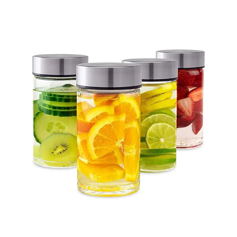 Juice Bottles - 4 Pack Wide Mouth Glass Bottles & Stainless Steel Lids,10oz | 4-Pack Glass Bottles for Juicing, Smoothies, Beverage Storage, BPA-Free, Leakproof, Reusable, Borosilicate Glass Jars, Clear