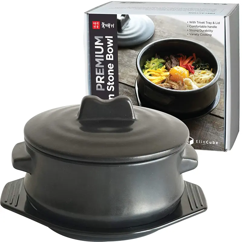Premium Korean Stone Bowl with Lid and Tray Set, 37 oz Dolsot Hot Pot for Bibimbap and Soup, Sizzling Ceramic Cookware
