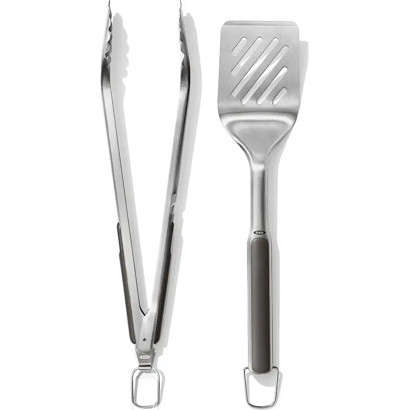 OXO Outdoor Grilling Turner and Tongs Set | Grilling Spatula and Tongs, Beveled Head Slides Under Food, Non-Slip Grip, Hanging Ring, Ideal for Grilling & BBQ