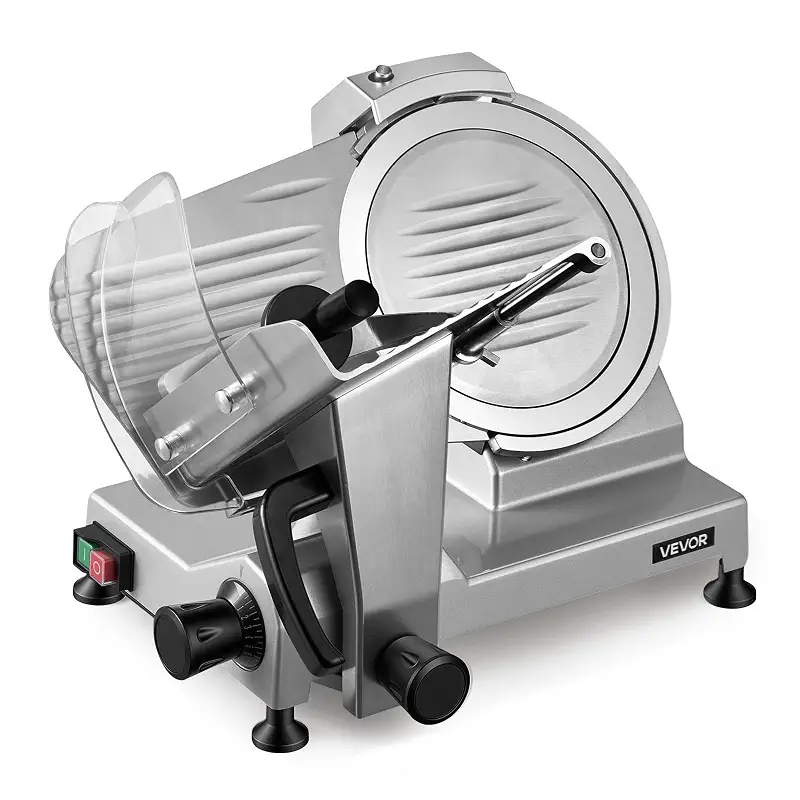 VEVOR Commercial Meat Slicer, 10 inch Electric Food Slicer, 240W Frozen Meat Deli Slicer, Premium Chromium-plated Steel Blade Semi-Auto Meat Slicer For Commercial and Home use | Commercial and Home Use, Premium Chromium-plated Steel Blade Semi-Auto Machine, 300–450 RPM, Adjustable Cutting Thickness