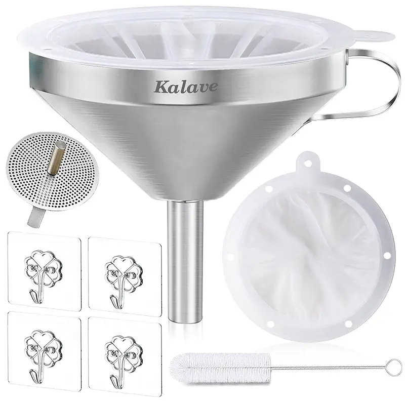 KALAVE Premium Stainless Steel Funnel, 5 Inch Food Grade Kitchen Funnels with 200 Mesh Food Filter Strainer for Filling Bottles, Oils, Juice, Wine, Coffee, Milk