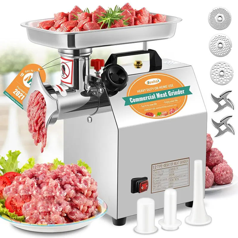 Newhai 1.3HP Commercial Meat Grinder Machine, 950W Heavy Duty, 3/6/8mm | Stainless Steel Mincer, 110V Industrial Sausage Stuffer with 2 Blades 3 Plates, Grinding Chicken & Fish Bones for Restaurant