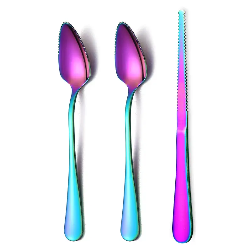 Rainbow Grapefruit Spoons 3 Pieces Set, 2 Stainless Steel Grapefruit Spoon And 1 Grapefruit knife With Titanium Plating, Grapefruit Utensil Set, Serrated Edges Spoon pack of 3 (Rainbow)