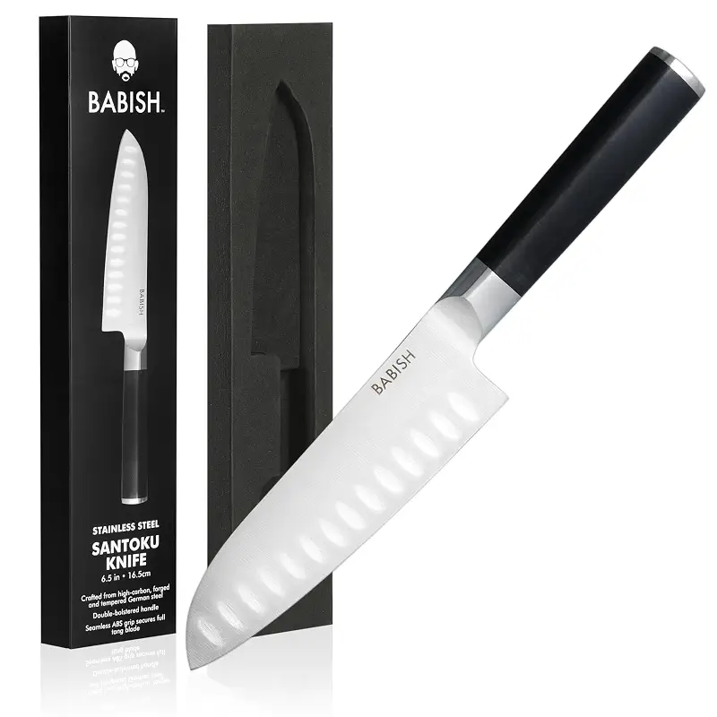 Babish 6.5 Inch Santoku Knife High Carbon 1.4116 German Steel Kitchen Knife Razor Sharp Blade Durable Precision Cutlery for Slicing Dicing Chopping Vegetables Meat and Fish