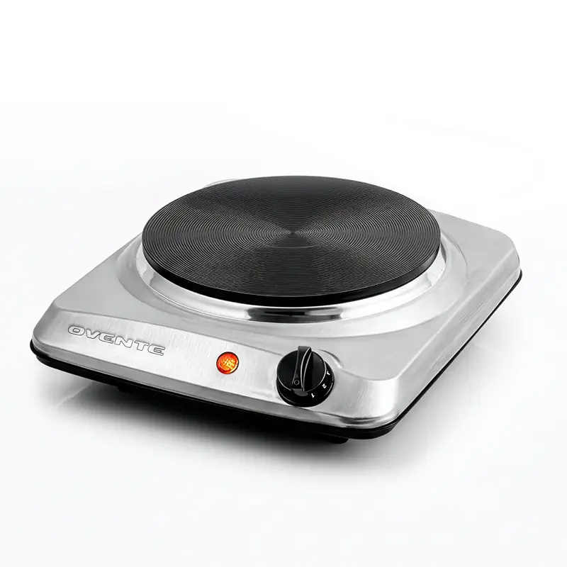 OVENTE Electric Cast Iron Single Burner, 1000W Hot Plate, Silver BGS101S | 7.25" Portable Countertop Cooktop, Stainless Steel, 5 Level Temperature Control, Compact Cooking Stove, Easy to Clean