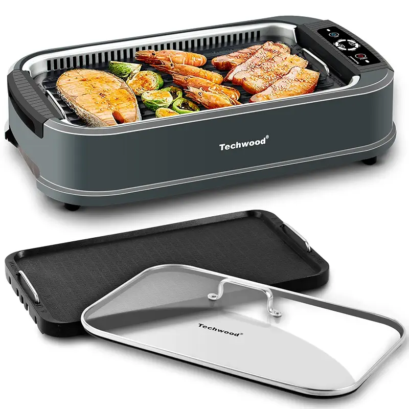 Techwood Indoor Grill Smokeless Grill, 1500W Indoor Korean BBQ Electric Tabletop Grill with Tempered Glass Lid, Removable Grill and Griddle Plates with Drip Tray, Gray