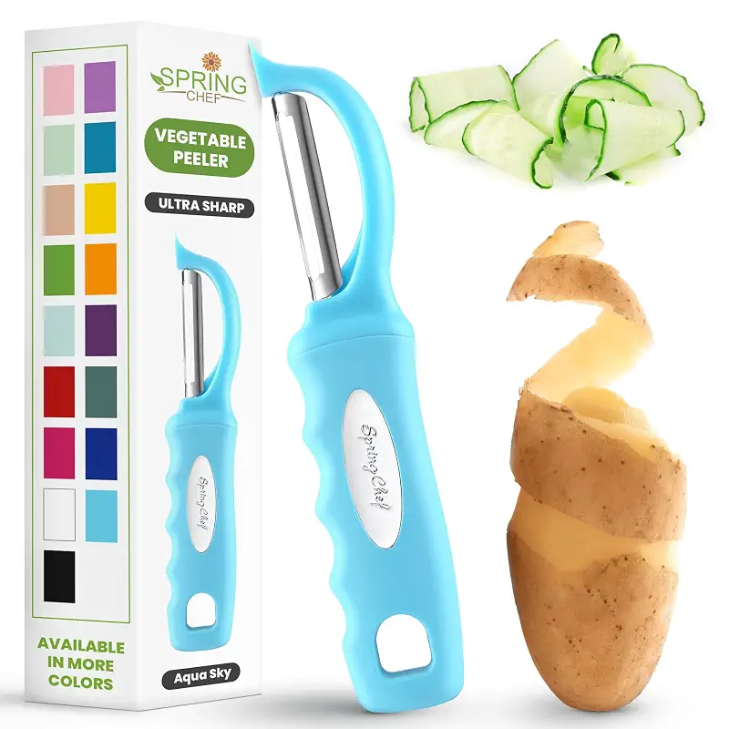 Spring Chef Swivel Potato Peeler for Kitchen w/Soft Grip Handle, Aqua Sky | Premium Vegetable Peeler w/ Sharp Stainless Steel Blades, Multifunctional Food Peeler for Apple, Carrot, Cucumber, Fruit