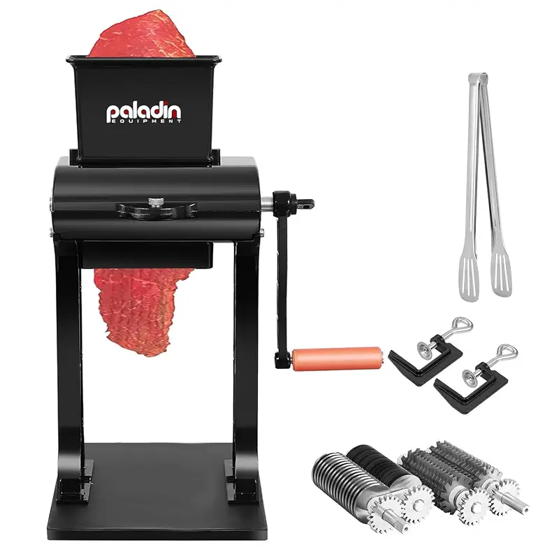 Paladin Equipment 2-in-1 Manual Meat Tenderizer & Beef Jerky Slicer | Commercial Meat Tenderizer Machine Heavy Duty Cuber, with 2 Sets of Stainless Steel Blades, Aluminum Construction, Black