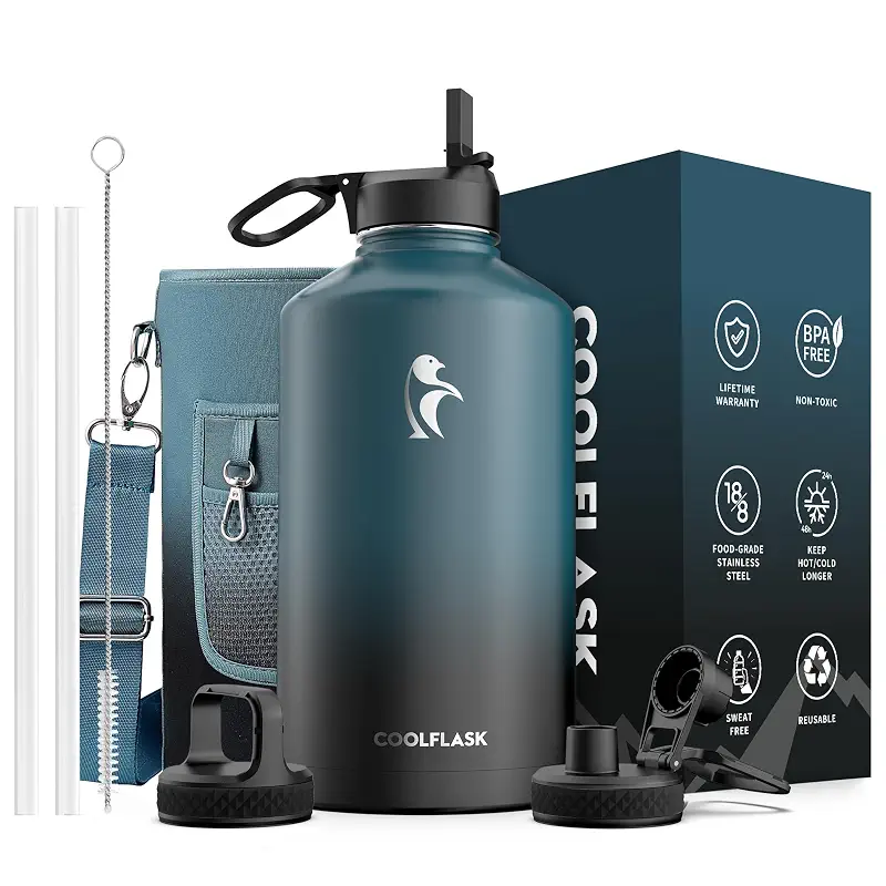 Coolflask 128 oz Gallon Water Bottle Insulated with Straw & 3 Leakproof Lid | Large Water Jug Stainless Steel Triple-Wall, Cold 48+h/Hot 24+h, Dishwasher Safe, BPA-Free, for Outdoor Gym & Hiking