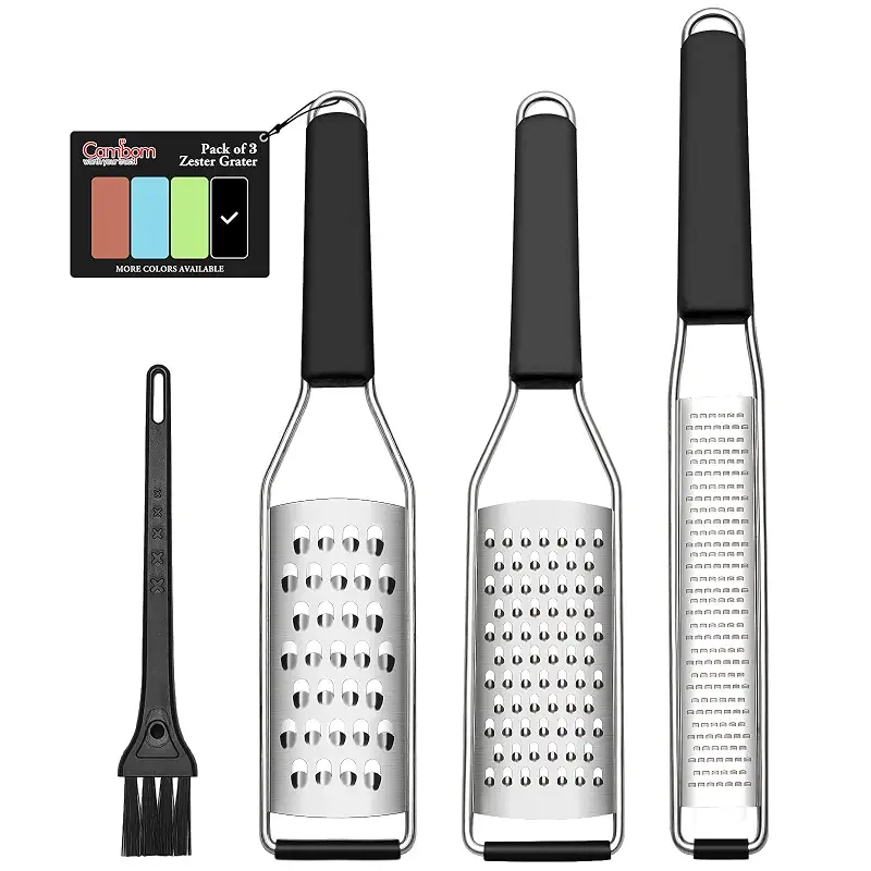 Cambom Lemon Zester Grater Three-piece Suit - Heavy Duty Kitchen Tool for Parmesan Cheese, Ginger, Garlic, Nutmeg, Chocolate, Vegetables，Fruits，Stainless Steel Grater Dishwasher Safe Black | 304 Stainless Steel, Sharp Tool for Parmesan Cheese, Ginger, Garlic, Nutmeg, Chocolate, Vegetables, Fruits, Dishwasher Safe