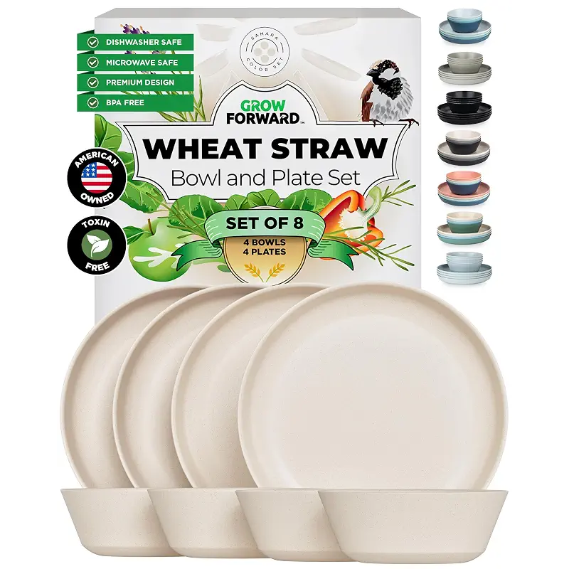 Grow Forward Premium Wheat Straw Plates and Bowls Sets - 8-Piece Wheat Straw Dinnerware Sets - Unbreakable & Reusable Microwave Safe Plastic Dinner Plates for Outdoors, RV, Camping Dishes - Sahara