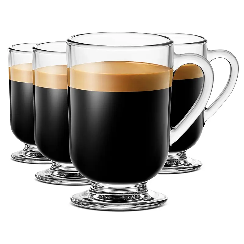 LUXU Irish Glass Coffee Mugs,10.5 oz Ice coffee cups,4pc Clear Tea Cups | Everyday Drinkware,Water Glass With Handles,Glass Drink Tumblers,Bar Glassware,Glass Mugs with Handle for Hot/Cold Beverages
