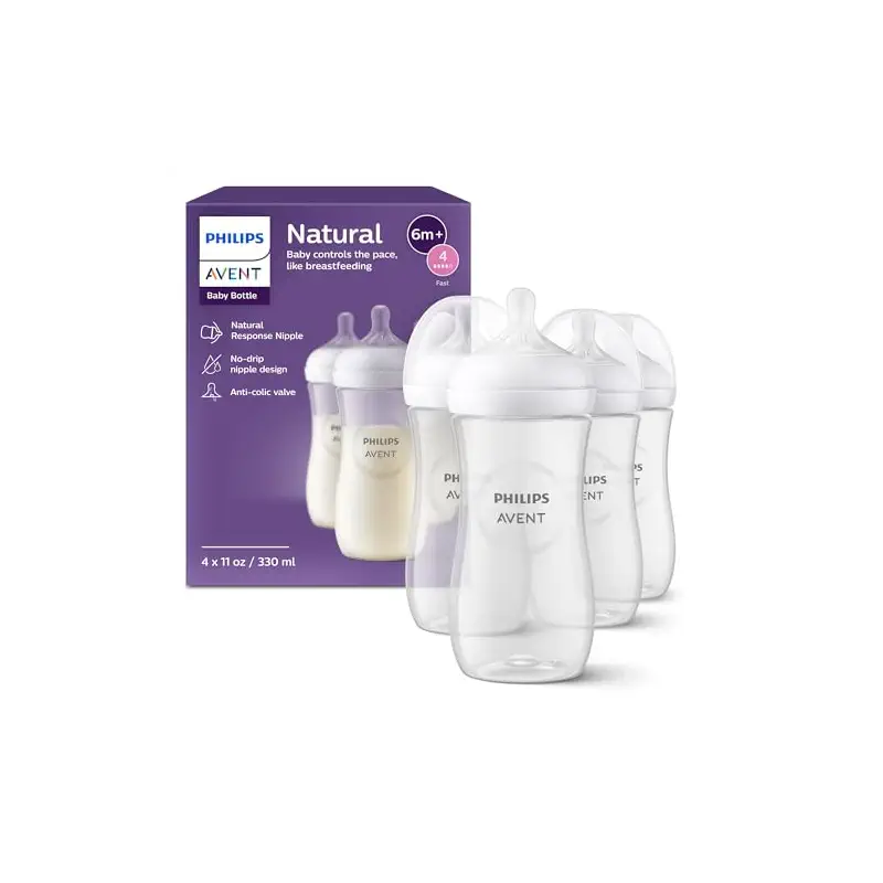 Philips Avent Natural Baby Bottles, Fast Flow, 11 oz, BPA-Free, 4-Pack | Baby-Controlled Flow, No-Drip Design, Reduces Colic and Gas with Anti-Colic Valve, SCY906/04