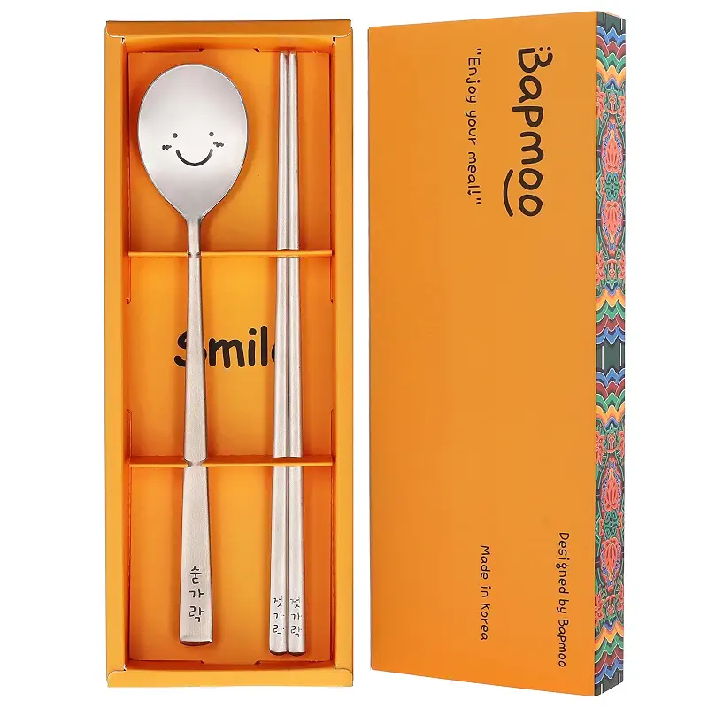 Korean Smile Spoon and Chopsticks Set, Stainless Steel, Hangul Engraved | Gift ready palace inspired box, made in Korea