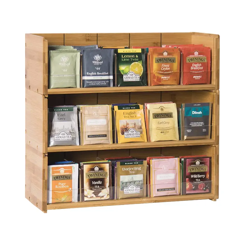 X-cosrack Bamboo Tea Bag Organizer Storage Box, 3 Tier Stackable Tea Bag Box Natural Wood, Wall Mount Tea Chests with Acrylic for tea bags Office Kitchen Cabinet Pantry