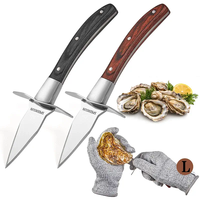 SPEENSUN Oyster Shucking Knife Set, Pakkawood Handle, Level 5 Gloves(L) | 2 Heavy-Duty Stainless Steel Shuckers, Anti-Slip Grip, Cut-Resistant Protection, for Oysters, Clams & Seafood