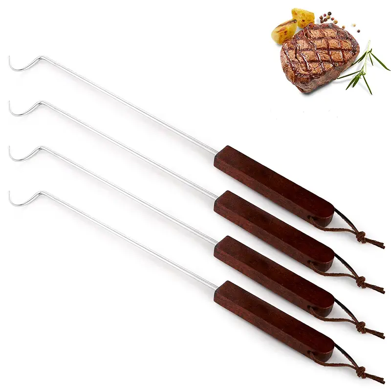 YOUEON 4 Pack 17 Inch Pigtail Food Flipper with Wooden Handle, Stainless Steel Meat Hook Turner Grill Tools, BBQ Turner for BBQ Ribs, Steak, Fish, Chicken, Sausage, Vegetables