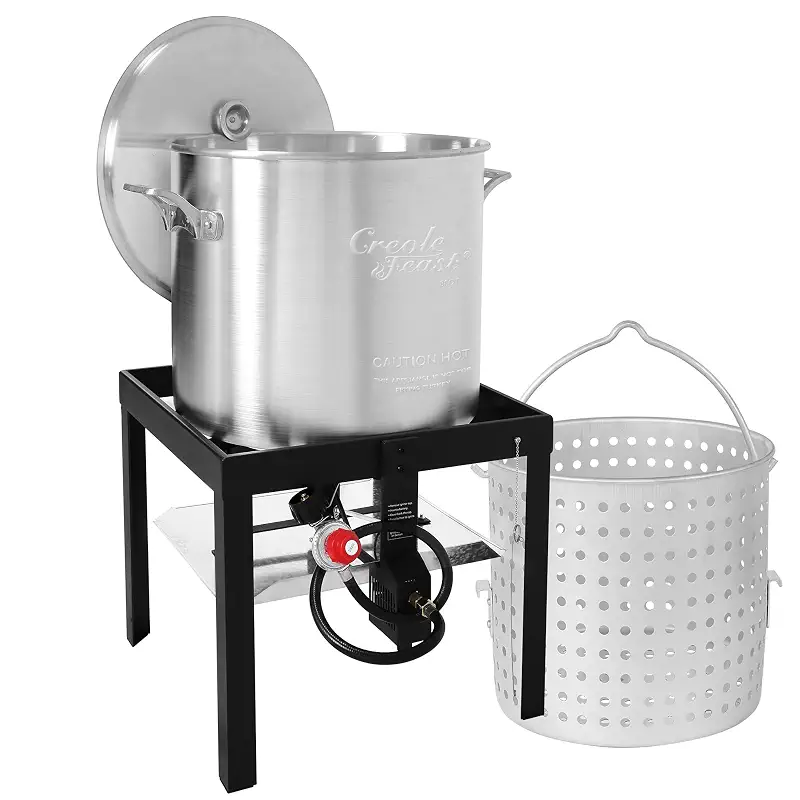 Creole Feast SBK0801 80 Qt Seafood Boiling Kit with Strainer, Aluminum | Outdoor Propane Gas Seafood Boil Pot and Basket with 100,000 BTUs Propane Burner and 10 PSI Regulator, Black & Silver